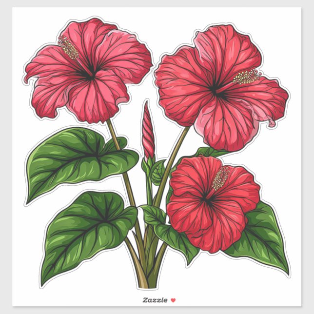 Sticker Fleurs d'Hibiscus Rouge Vibrant Avec Feuillage Ver (Feuille)