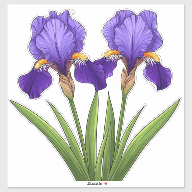 Sticker Fleurs d'Iris Violet Vibrant Avec des Feuilles Ver (Feuille)