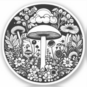 Sticker Fleurs et champignons noirs et blancs Vintages