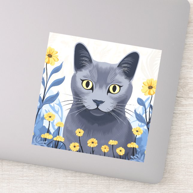 Sticker Fleurs Jaunes Chat Bleu Russe (Détail)