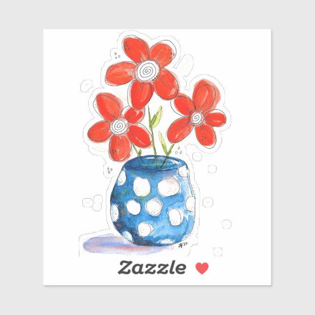 Sticker Fleurs orangées Whimsical dans Vase Bleu (Feuille)