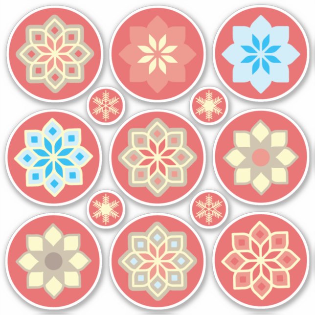 Sticker Fleurs ornementales et flocons de neige sur rouge  (Devant)