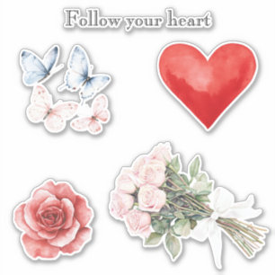 Sticker Fleurs roses Papillons de coeur Rose