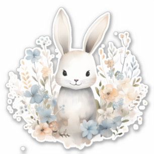 Sticker Fleurs sauvages lapin lapin bleu et lapin de pêche