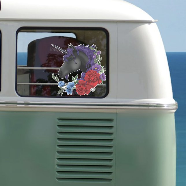 Sticker Fleurs Unicorne Noire violet (Créateur téléchargé)