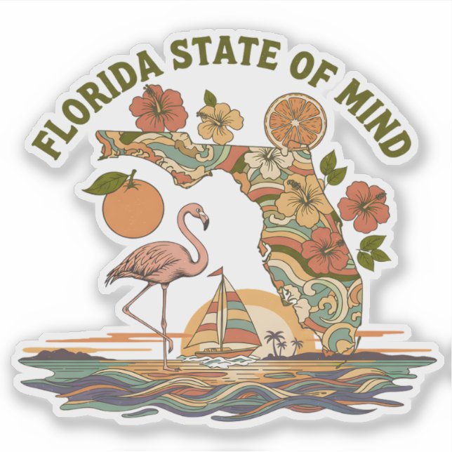 Sticker Florida State of Mind Retro Flamingo Sailboat Gift (Devant)
