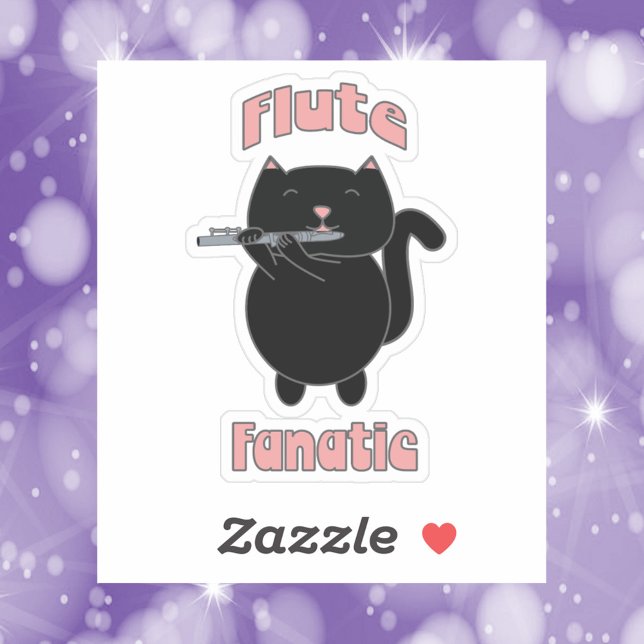 Sticker Fluate Fanatique Rose Noir Chat mignonne (A sticker of a black flute playing cat with the words Flute Fanatic.)