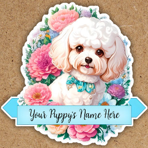 Sticker Fluffy Bichon Frisé, assortiment de fleurs personn
