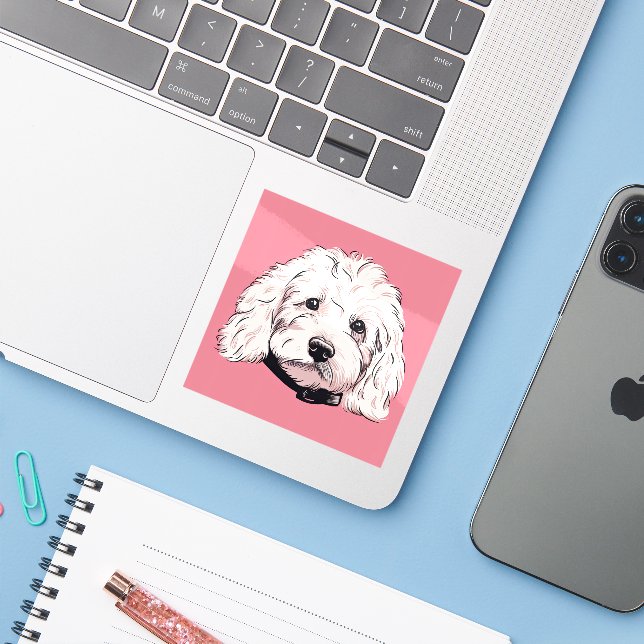 Sticker Fluffy blanc Maltipoo Carré visage chien (Ordinateur portable avec iPhone)