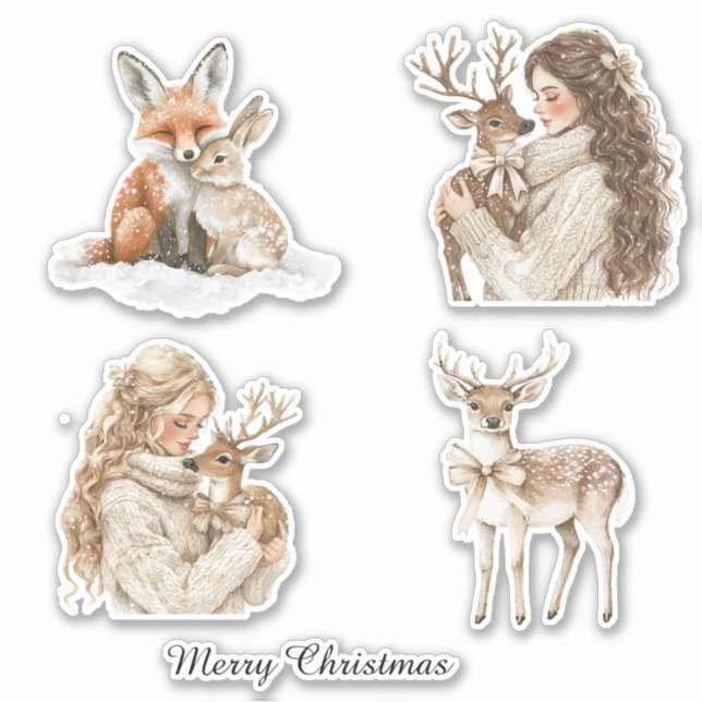 Sticker Fox Bunny Deer Girl Christmas (Devant)