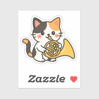 Sticker French Horn Calico Cat Cute Art