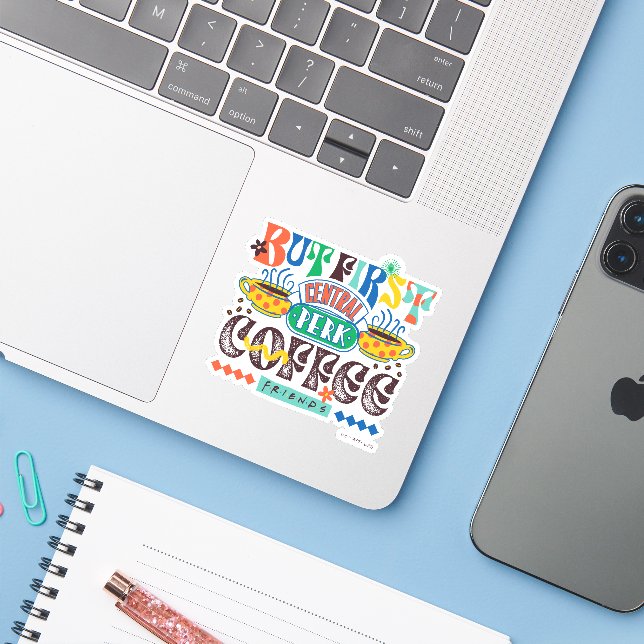 Sticker FRIENDS™ | Mais d'abord Café Graphique Vibrant (Ordinateur portable avec iPhone)