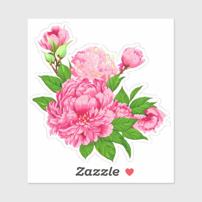 Sticker Fuchsia Pink Peonies et Feuilles verts (Feuille)