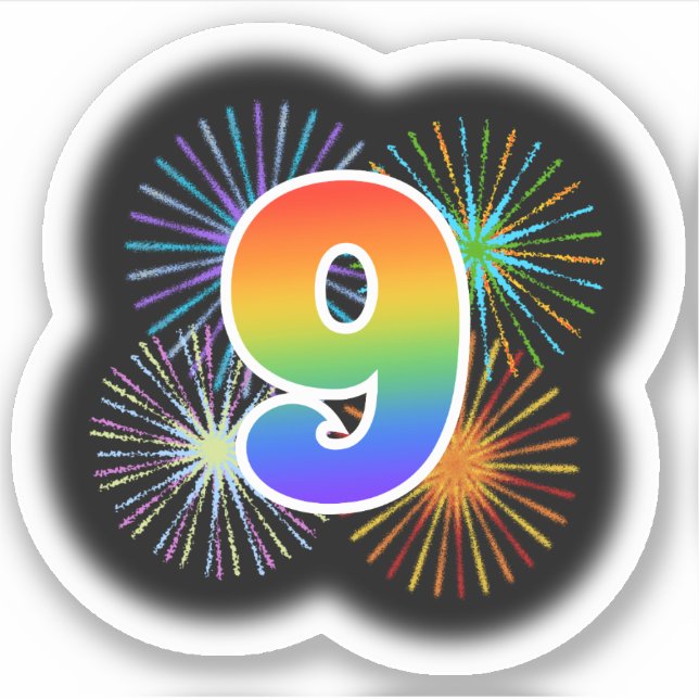 Sticker Fun Fireworks + Rainbow Motif "9" N° d'événement (Devant)