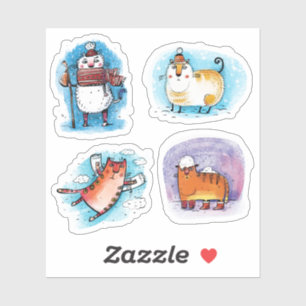 Sticker Funky Tabby Cats en hiver neige