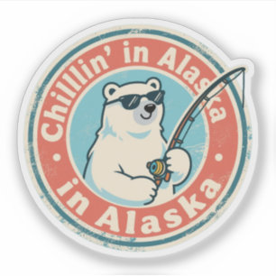 Sticker Funky Vintage Alaska Chillin Polar Bear Fishing
