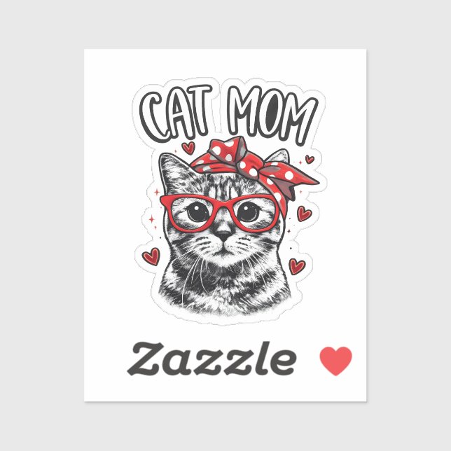 Sticker Funny Cat Mom with Glasses & Bandana Cute Cat  (Feuille)