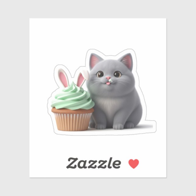 Sticker Funny Foodie Cat Eating Easter Bunny Cupcake  (Feuille)