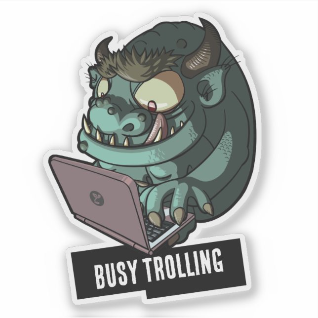 Sticker Funny Green Troll Busy Trolling On Laptop Cartoon (Devant)