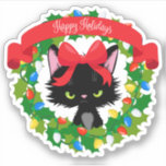 Sticker Funny Moody Christmas Chat<br><div class="desc">Décorez vos objets avec cette couronne de Noël "Joyeuses fêtes" pour chat drôle et moody. Avec une couronne verte ornée de lumières de Noël bleues jaunes et rouges,  commandez votre aujourd'hui ! Oeuvre créée par : AMBillustrations http://www.etsy.com/shop/AMBillustrations</div>