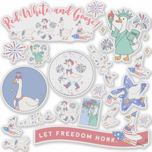 Sticker Funny Quart Juillet Silly Patriotic Goose Parade (Nearly 20 stickers for 4th of July. This humorous "Red White and Goose" sticker sheet is silly, fun.)