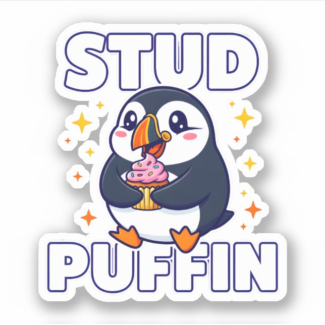 Sticker Funny Stud Puffin Cute Bird Cupcake Pun Graphic (Devant)