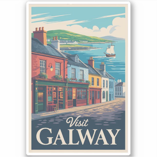 Sticker Galway Irlande Illustration Voyage Art Vintage (Devant)