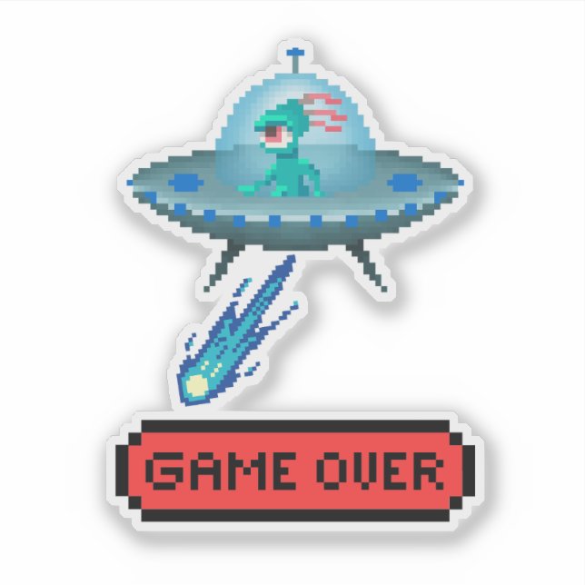 Sticker "Game Over" Alien volant un vaisseau spatial OVNI, (Devant)