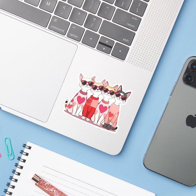 Sticker Gang de chat mignon de la Saint-Valentin – Autocol (Ordinateur portable avec iPhone)