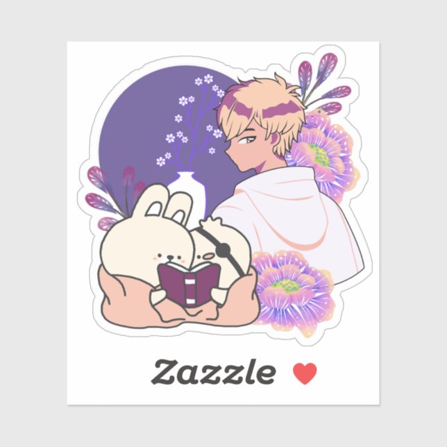 Sticker Garçon d'anime et animaux avec illustration d'un c (Feuille)