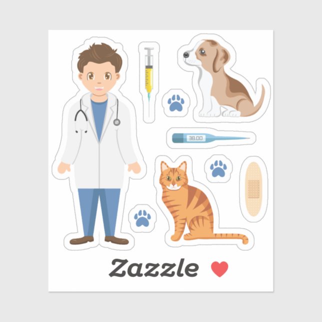Sticker Garçon Vétérinaire Avec Chiot Chat Et Choses De Vé (Feuille)