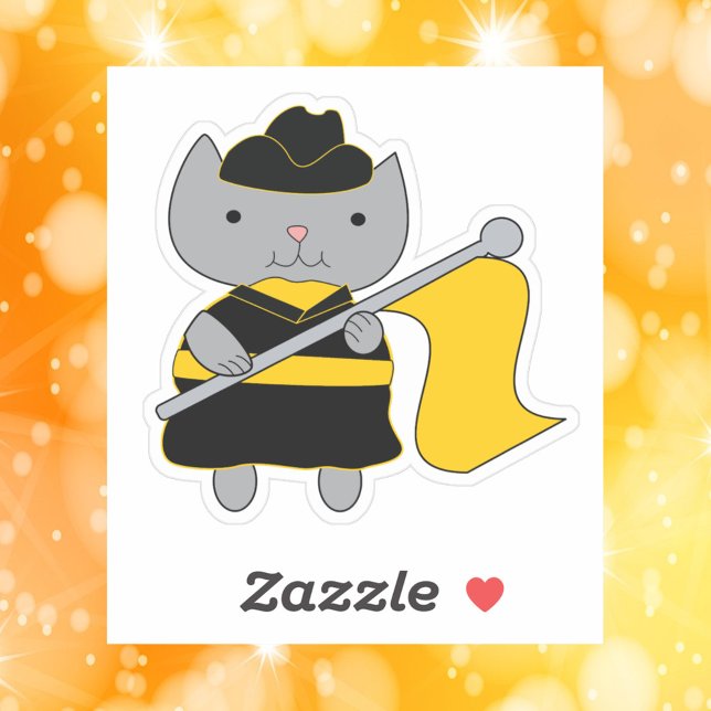 Sticker Garde de couleur Grise Chat Noir Jaune Or (A die cut sticker of a gray cat wearing a yellow and black color guard uniform with yellow flag.)