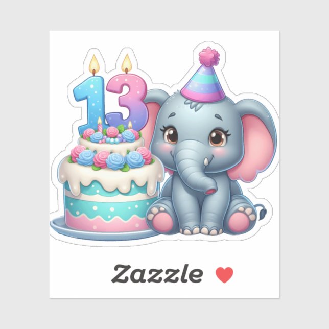 Sticker Gâteau d'éléphant pour 13e anniversaire (Feuille)