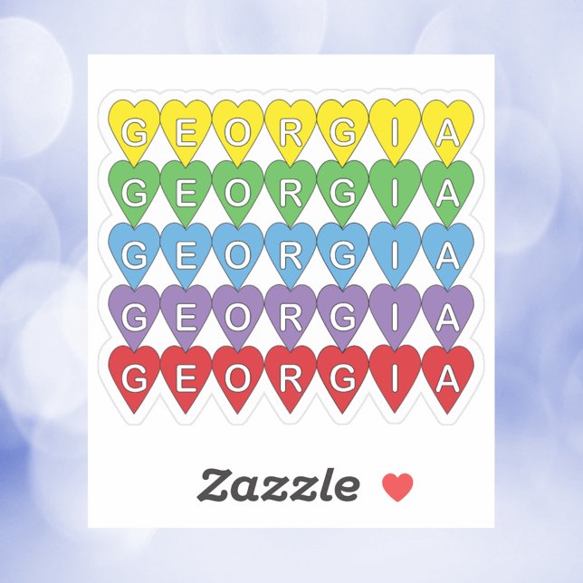 Sticker Georgia Heart Pattern Rainbow (A die cut sticker that says Georgia in yellow, green, blue, purple and red hearts.)