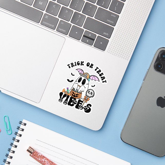 Sticker Ghost Candy Halloween Trick ou Treat violes (Ordinateur portable avec iPhone)
