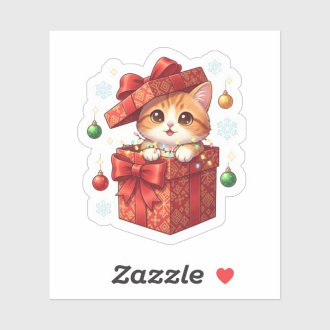 Sticker Gift Box Surprise Cute Cat Popping Out Christmas  (Feuille)