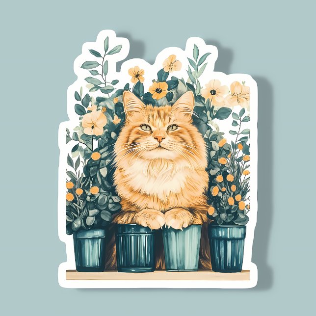 Sticker Ginger Tabby Cat entouré de fleurs florissantes (Créateur téléchargé)