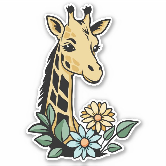 Sticker Girafe de dessin animé mignonne et fleurs (Devant)