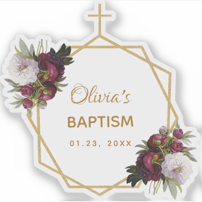 Sticker Girl Baptism Gold Cross Burgundy Peonies Floral (Devant)