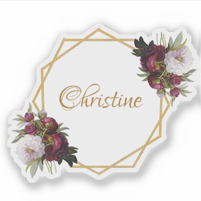 Sticker Girl Gold Burgundy Peonies Nom Floral Géométrique (Devant)