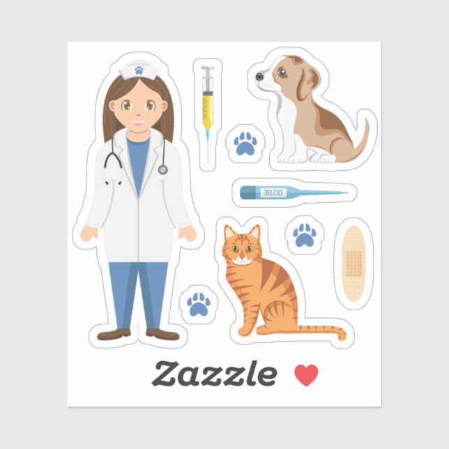 Sticker Girl Veterinarian With Puppy Cat And Vet Things (Feuille)