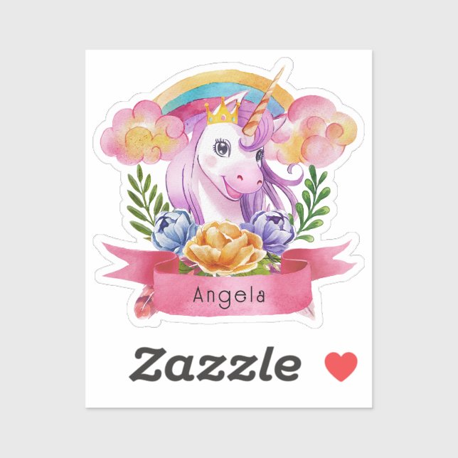 Sticker Girls mignonne violet licorne arc-en-ciel Nom pers (Feuille)