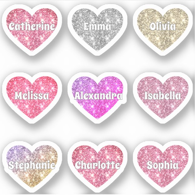 Sticker Glam Girly Sparkle Parties scintillant Hearts Noms (Devant)