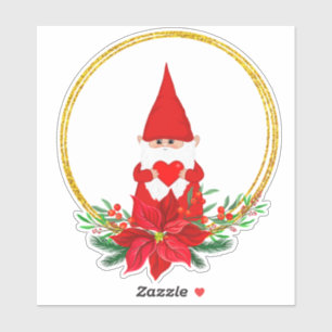 Sticker Gnome de Noël et poinsettia dans des cercles dorés