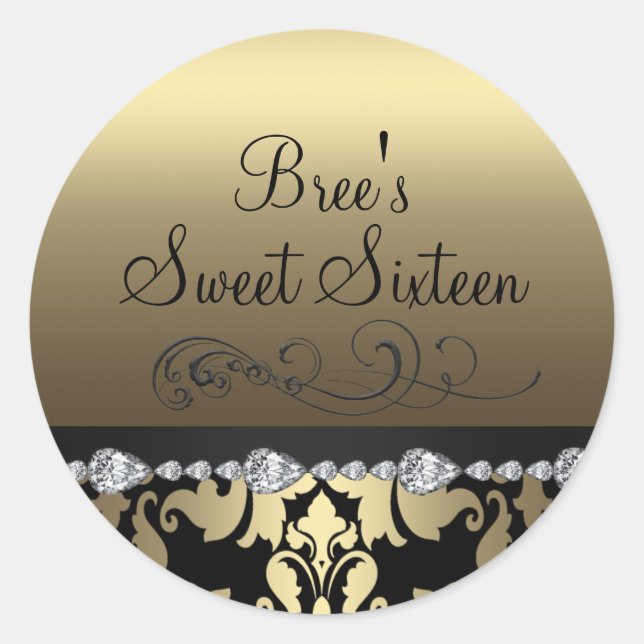 Sticker Gold Damask & Diamond Sweet 16 (Devant)
