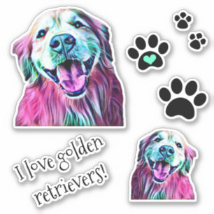 Sticker Golden retriever et groupe au néon de Pawprints