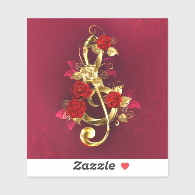 Sticker Golden Treble Clef avec fleurs Roses (Feuille)