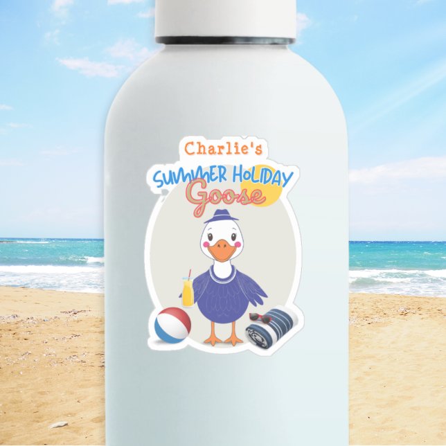 Sticker Goose Summer Holiday Fun Cute Personnalisé (Vinyl cut-out sticker with fun 'Summer Holiday Goose' design, personalized with a name)