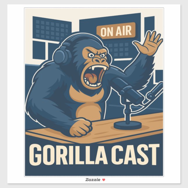 Sticker Gorilla Podcast en studio drôle de podcaster (Feuille)