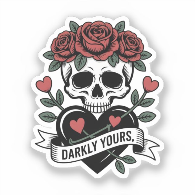 Sticker Graphisme Darkly Yours : Crâne gothique avec roses (Recto)